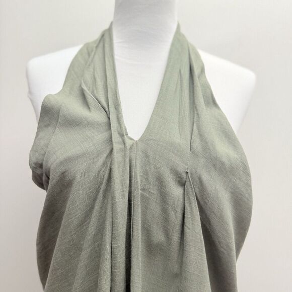 NWT Easel Linen Blend Olive Green Halter Sundress Fringed Hem Women’s Medium - Picture 2 of 10